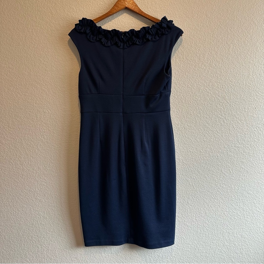 London Times Navy Blue Sleeveless Dress with Ruffle Detail. Size 10. - Picture 3 of 6